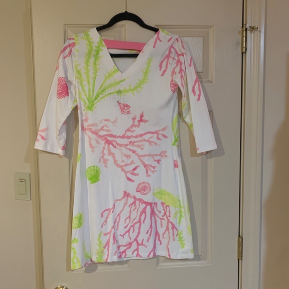 Ana Clare White/Pink/Green Print 3/4 Sleeve Dress Sz S - Picture 3 of 5